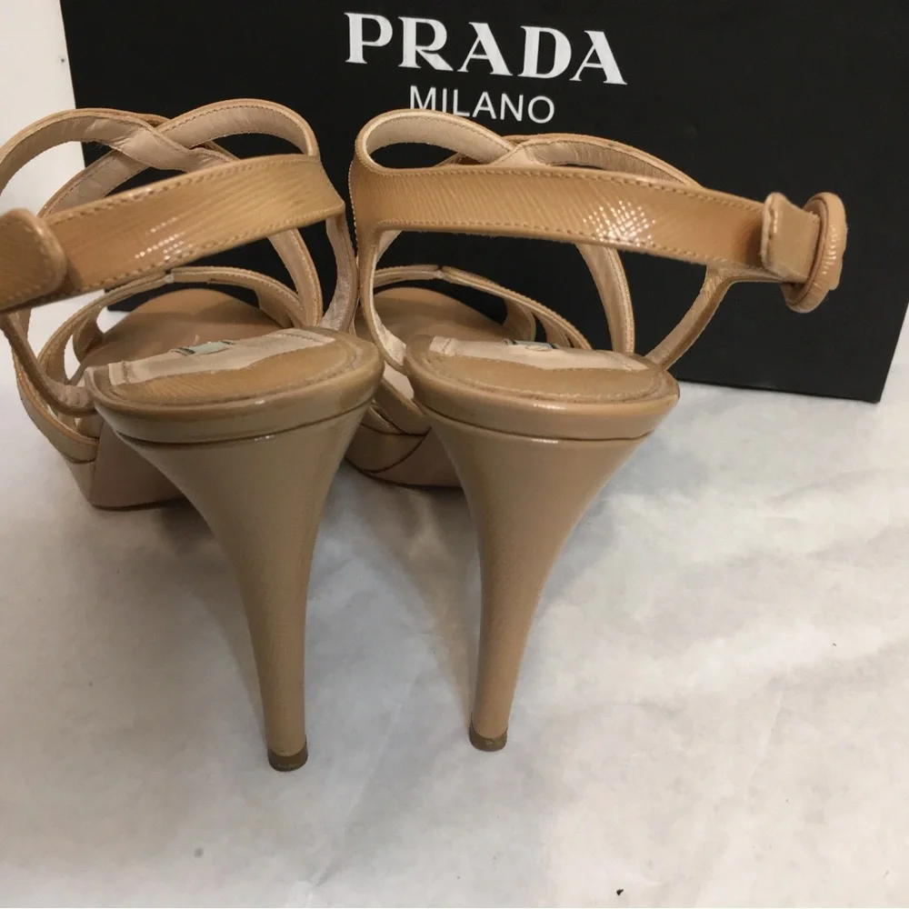 Prada Strappy Beige Patent Leather Platform Sandals Size 39 made in Italy - Picture 3 of 13